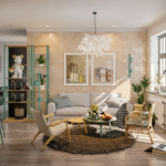 Không gian phòng khách sau khi thi công sơn hiệu ứng ánh kim